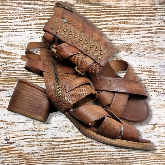 A.S. 98 Leather Gladiator Heeled Boots with Brass Accents Woven Leather - Picture 2 of 8